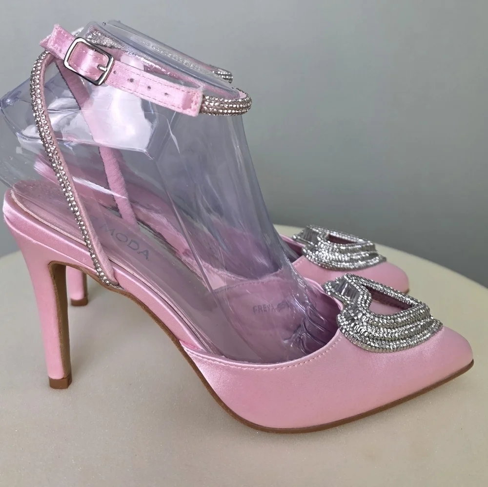 TOP MODA Pink Satin Freya Pointed Toe Sparkly Heart Ankle Strap Heel, Size 6.5